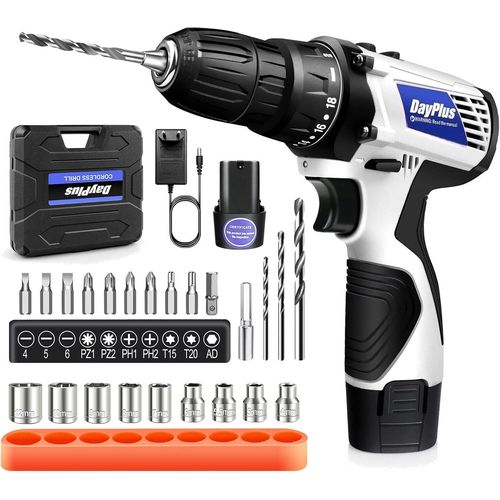 Perceuse Visseuse Sans Fil Avec 1 Batteries Lithium-Ion,12v Combi Et Percussion,18+1 Couple 2 Vitesses,Kit De Visseuse Sans Fil Avec 23 Pices Accessoires