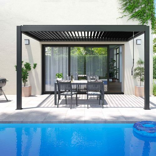 Pergola Bioclimatique Adosse Gris 3x4m Et 3 Stores