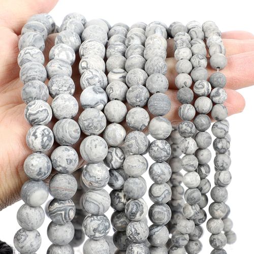 Perles D'espacement En Pierre Noire Naturelle,Obsidienne,Lave,Labrumen,Ite,Agates,Hmatite,Adt,Pour Bijoux,Bracelets De Bricolage - Type Frosted Grey Map-6mm-About 62pcs