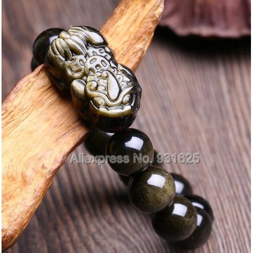 Perles En Obsidienne Naturelle En Or + En Obsidienne Sculpte En Pixiu, Bracelet lastique Extensible  La Mode, Bijoux De 8mm  20mm