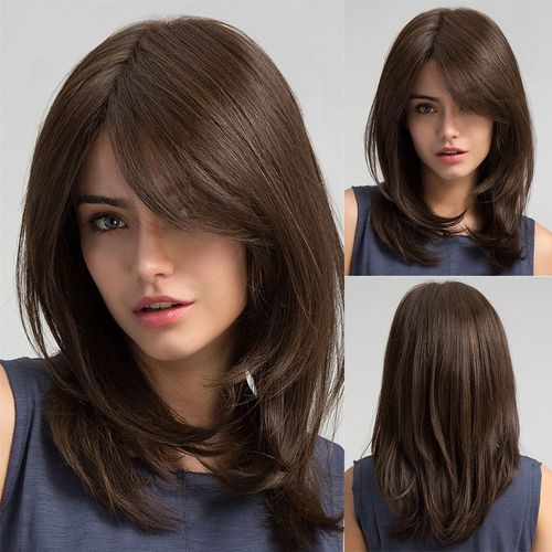 Perruque Synthtique  Frange Brune Fonce Pour Femmes, Cheveux Longs Onduls, Rsistants  La Chaleur, Pour Fte, Usage Quotidien Naturel