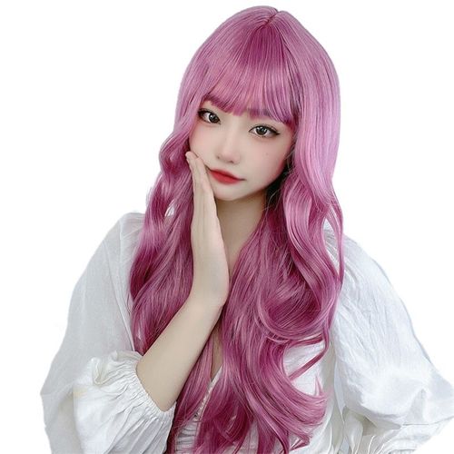 Perruque Synthetique Longue Ondulee Avec Frange Transparente Pour Femme, Ideale Pour Un Usage Quotidien Ou Pour Un Cosplay, Couleur Lavande Laiteuse.