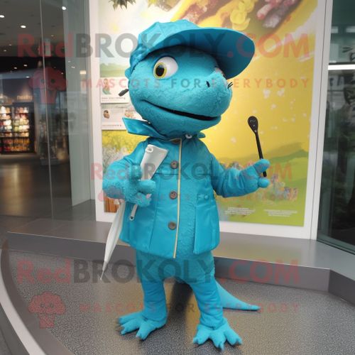 Personnage De Costume De Mascotte Redbrokoly De Lzard Turquoise Habill D'un Impermable Et De Ceintures De Smoking