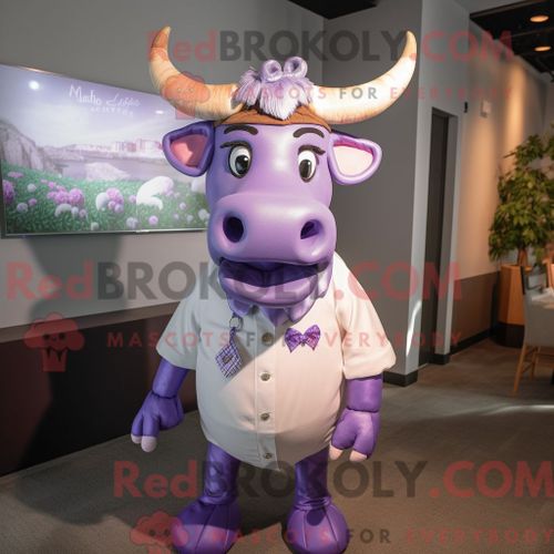 Personnage De Costume De Mascotte Redbrokoly De Taureau Lavande Habill Avec Une Chemise Habille Et Des Bandeaux