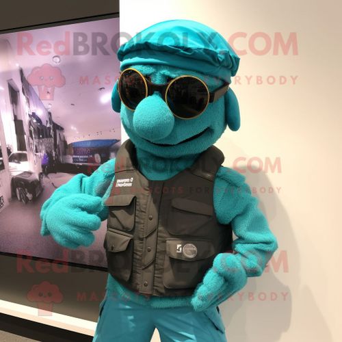 Personnage De Costume De Mascotte Redbrokoly Turquoise Para Commando Habill D'un Gilet Et De Boutons De Manchette