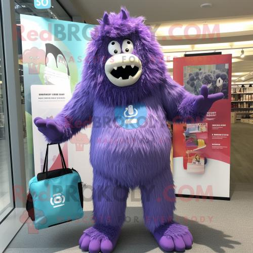 Personnage De Costume De Mascotte Redbrokoly Yeti Violet Habill D'un Maillot De Bain Une Pice Et De Sacs Fourre-Tout