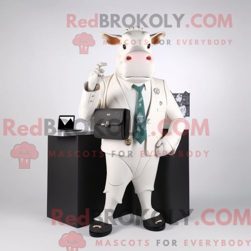 Personnage Mascotte Redbrokoly De Taureau Blanc Habill Avec Une Veste De Costume Et Des Portefeuilles