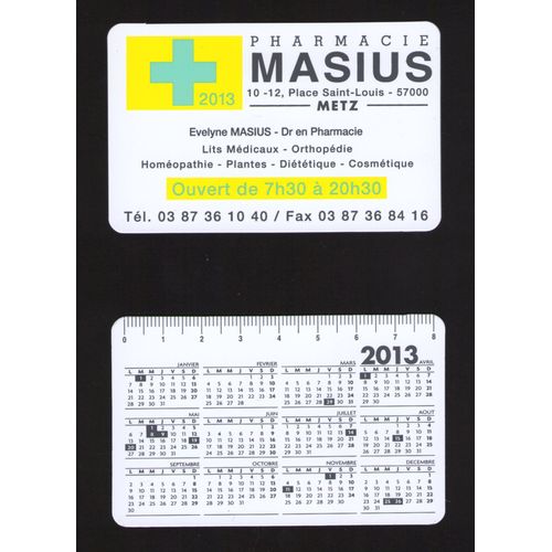 Petit Calendrier De Poche 2013 Calendar Pharmacie Masius Metz Plastique Taille Carte De Crdit