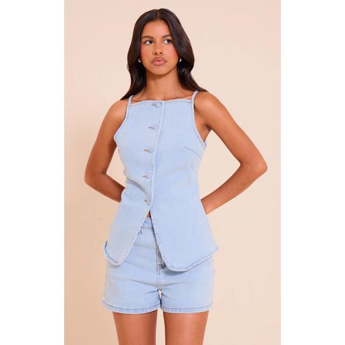 Petite Haut En Denim Bleu Clair Ajust  Encolure Carre Courte, Bleu Clair