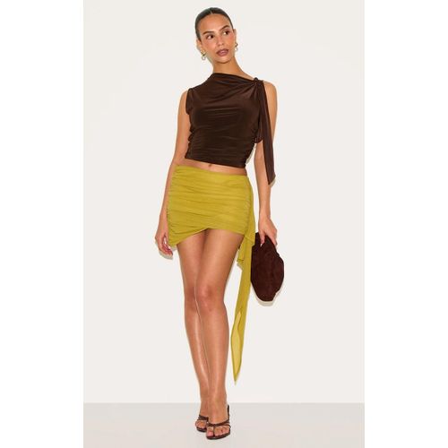 Petite Mini-Jupe En Mousseline De Soie Verte Fronce  Dtail Drap Sur Le Ct, Vert