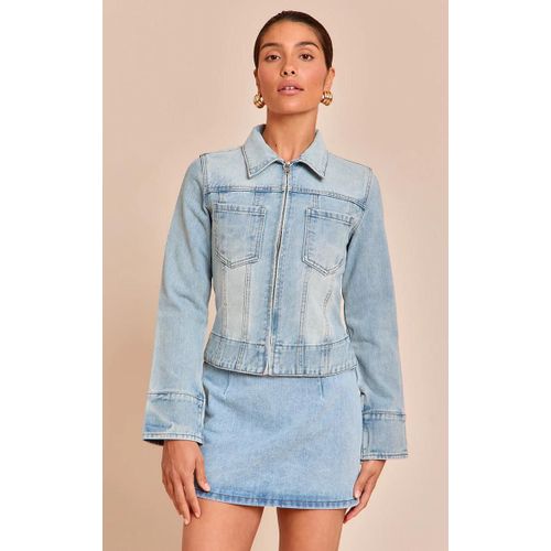 Petite Veste Stretch Coupe Slim En Denim Bleu Clair Avec Fermeture clair Sur Le Devant, Bleu Clair