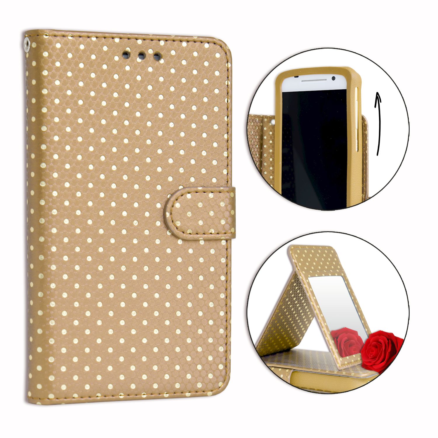Ph26 Etui Housse Folio Or Gold  Pois Dors Pour Google Pixel En co-Cuir Avec Porte Cartes, Miroir Et Surpiqures Apparentes