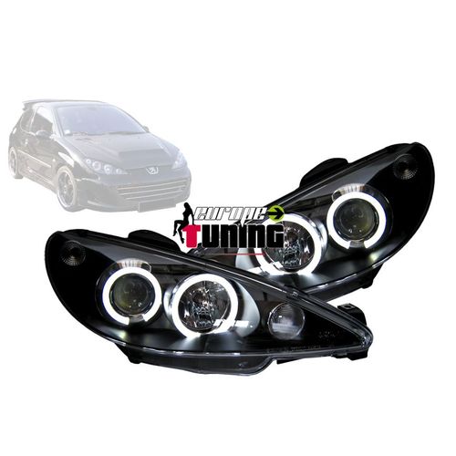 Phares Feux Avants Noirs Angel Eyes Anneaux Led Peugeot 206 1998-2002 Prise H4