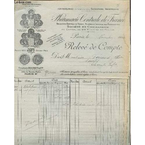 Facture Ancienne Illustree De La Pharmacie Centrale De France Charles Duchet Et Compagnie 21 Rue Des Nonnains D'hyeres Paris 4 de Pharmacie Centrale De France Charles Duchet Et Com