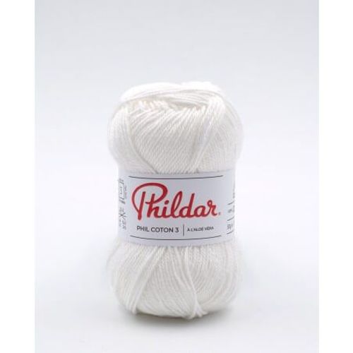 Phildar - Pelote De Laine Phil Coton 3 De 50g - Laine  Tricoter - 100% Coton - Aiguille N3 - Couleur Blanc
