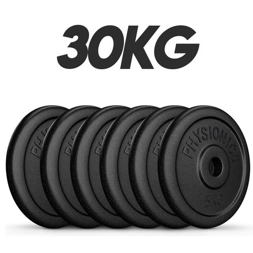 Physionics Set De Disques De Poids - 6x5 Kg, En Fonte, 30mm, Pour Barre Longue/Courte - Ensemble De Plaques De Poids, Musculation