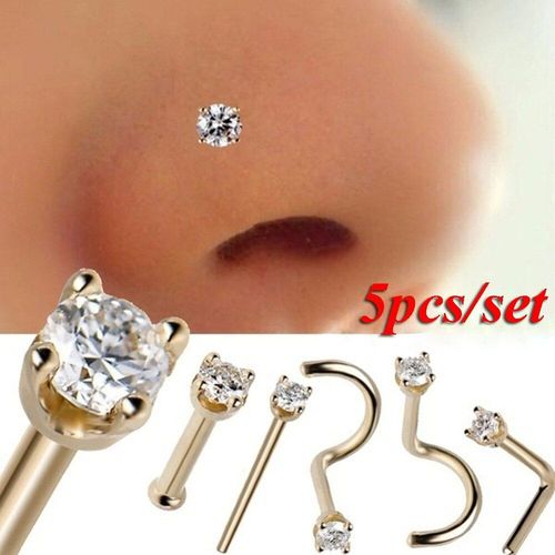 Piercing Simple En Acier Inoxydable, 5 Pices/Ensemble, Bijou De Corps En Zircon, Clou De Nez, Boucle D'oreille, Or Rose, Argent, Lvres, A ++