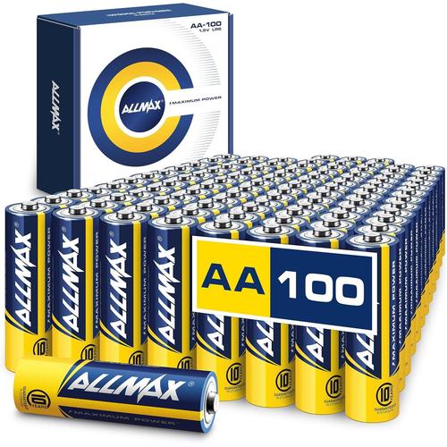 Piles alcalines Allmax AA  Puissance maximale (Emballage de 100 pices) - Dure de Vie Ultra Longue : 10 Ans, tanche, adapte aux appareils