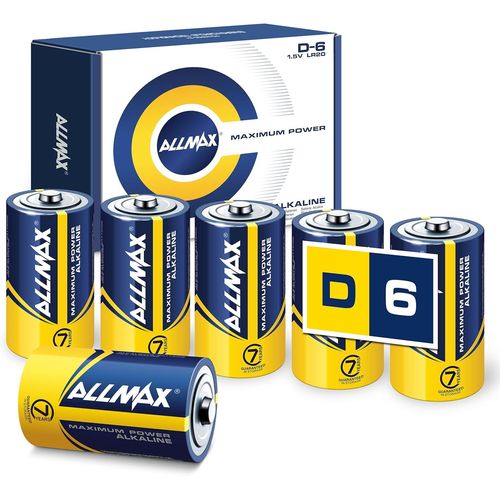 Piles Alcalines Allmax D Mono (Lr20)  Puissance Maximale (6 Pices)-Dure De Vie Ultra Longue : 7 Ans,tanche,Adapte Aux Appareils-Alimente Par La Technologie Energycircle (1,5 Volt).
