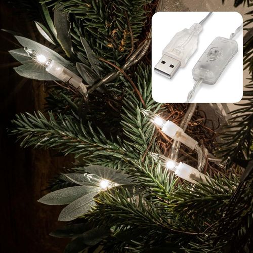 Pisello 150681 Lot De 2 Guirlandes Lumineuses D'intrieur  20 Led Avec Interrupteur Blanc Chaud Ampoules De Rechange Avec Connexion Usb Cble Lumineux Transparent 228 Cm