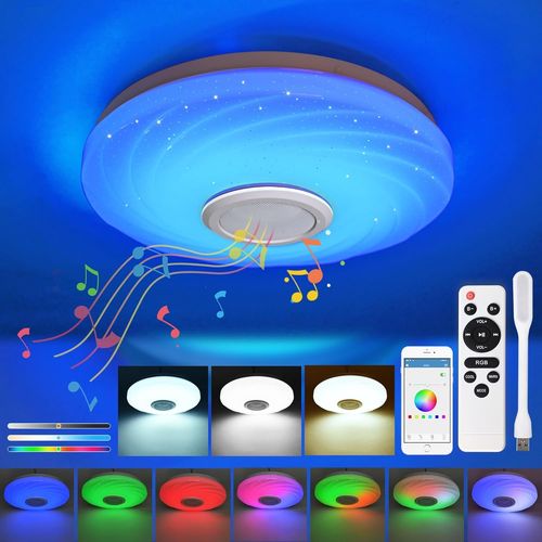 Plafonnier Led Couleur Bluetooth Rgb 36w Chambre Enfant Telecommande Dimmable Ado Connect+Lampe Usb Luminaire Lustre Sans Percer Adulte Fille Salon Ceiling Light Avec Haut-Parleur Contrle App 28cm