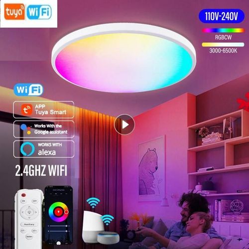 Plafonnier Led Intelligent Avec Commande Vocale Via L'application Tuya, Luminaire Dcoratif De Plafond, Idal Pour Un Salon Ou Une Chambre  Coucher, Wi-Fi, Rvb, 36w