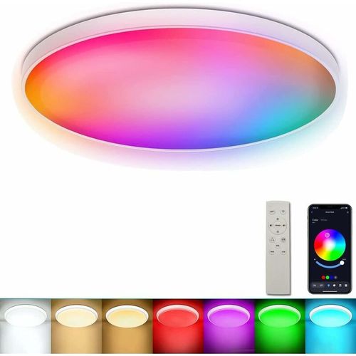 Plafonnier Led Intelligent Avec Telecommande, 24w 30cm 2400lm 2700-6500k Syn Multiple Couleur App Musique Temperature De Couleur Luminosite Dimmable Timer Pour Chambre A Coucher Salon Party Festival Goodnice