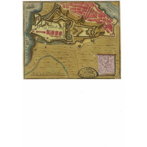 Plan De La Ville Et De La Forteresse De Nice En Piemont Comment Elle Estoit Avant La Derniere Demolition Par Trabucchi Piemont Fin 17e Debut 18e. Coloris. Ex Libris Du Chevalier Victor De Cessole