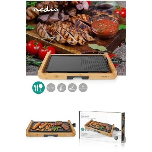 Plancha grill lectrique en aluminium Bois bambou 1800 W 43 X 23 cuisson antiadhsive plaque teppanyaki