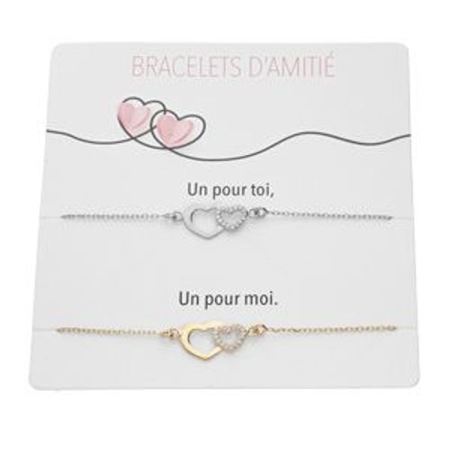 Plaquette De 2 Bracelets D' Amiti 1 Argent Rhodi Et 1 Dorure Jaune Double Coeurs Et Oxydes Blancs Sertis 15+3cm