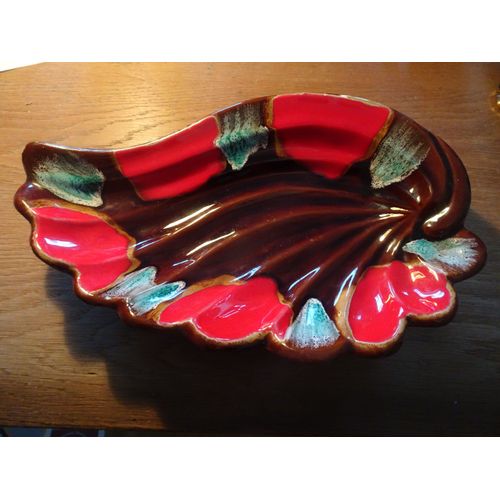 Plat Vallauris Feuille Rouge Et Brun Vintage 40 Cm, Anne 1962