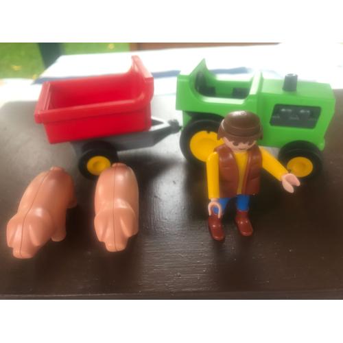 Playmobil Tracteur Avec Sa Remorque Anne 1990 Avec Personnages Un Agriculteur Et 2 Cochons - Sans La Bote D Origine