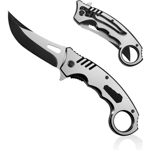Pliant 2 En 1 Couteau De Poche De Acier Inoxydable 3cr13 Avec Cl Multi-Spcifications Couteaux De Chasse En Manche En Acier Bross Couteau De Camping Ergonomique (Argent)