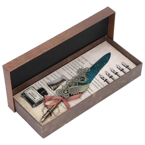 Plume Stylo Style Europen Style Rtro Britannique Or En Acier Inoxydable Sculpt Plume Stylo DAffaires Dip Pen Coffret Cadeau Ensemble Vert Fonc