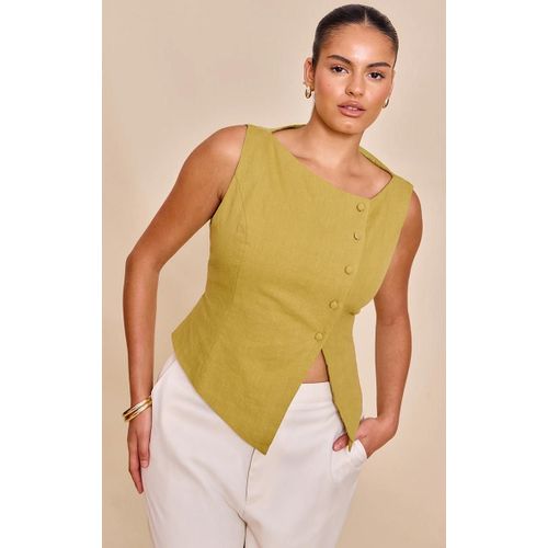 Plus Gilet En Lin Deluxe Vert Olive  Boutons Asymtriques, Vert Olive