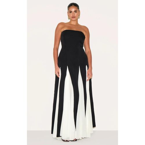 Plus Robe Bustier Longue Noire Plisse  Partie En Mousseline De Soie Contrastante, Noir