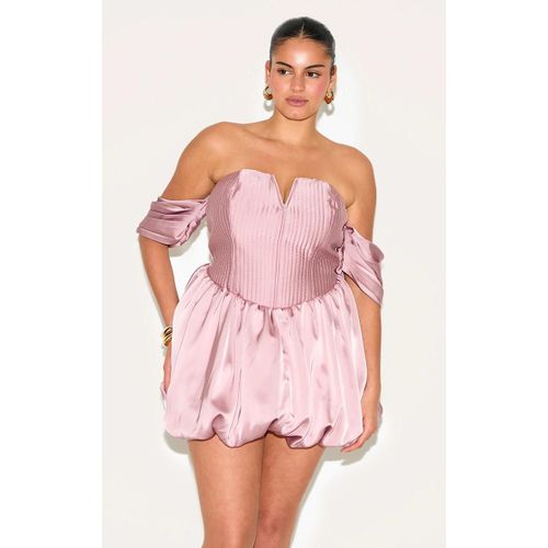 Plus Robe Droite Bouffante Satine Rose  Col Bardot, Vieux Rose