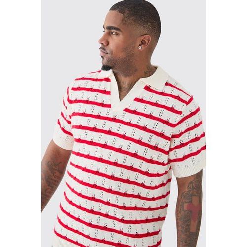 Plus Short Sleeve Regular Crochet Knit Stripe Polo In Red Homme - Rouge - Xxxl, Rouge