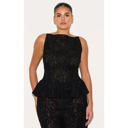 Plus Top Pplum En Dentelle Noire Transparente Sans Manches, Noir