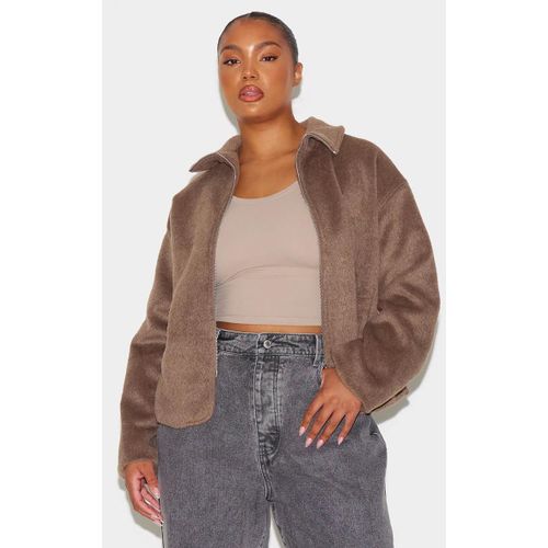 Plus Veste En Effet Laine Taupe  Col Large Et Zip, Taupe