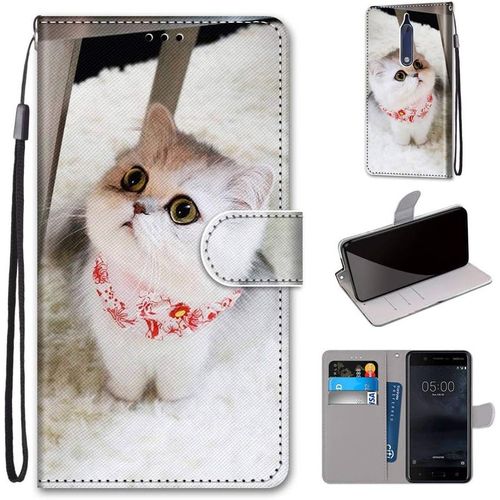 Pochette Coque Pour Nokia 5 tui En Cuir Flip Lirves Pu Avec Tpu Silicone Antichoc Housse Support Portable Wallet lgant Protection tui Pour Nokia 5 5.2-Pouces,charpe Rouge Chaton