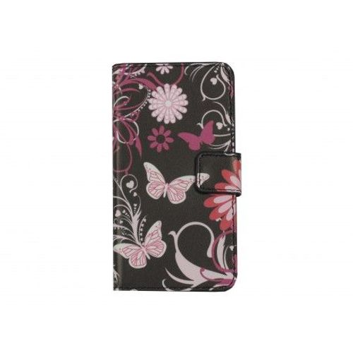Pochette Pour Samsung Galaxy Ace 4 Noire Papillons Roses + Film Protection cran