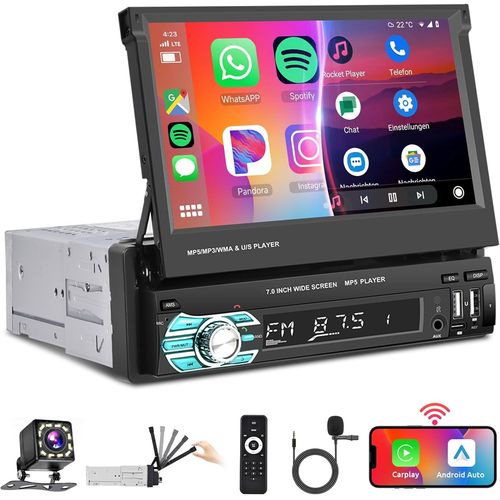 Podofo Autoradio Bluetooth Sans Fil Carplay Android Auto Avec 7'' Rtractable Manuellement,Fm Radio Avec 2 Usb/Type C/Aux/Sd Contrle Du Volant+Camra De Recul/7 Lumires Colores