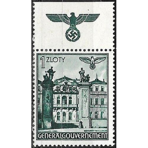 Pologne 1941, Occupation Allemande, General Gouvernement, Trs Beau Timbre Neuf** Luxe Yvert 67a, Vue Du Palais Bruhl  Varsovie, 1zl. Vert Gris, Avec Vignette Bord De Feuille, Aigle Et Croix Gamme.