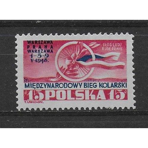 Pologne 1948 : Commmoration De La Course Cycliste Varsovie-Prage-Varsovie : Roue Et Drapeaux Nationaux - Timbre Neuf *