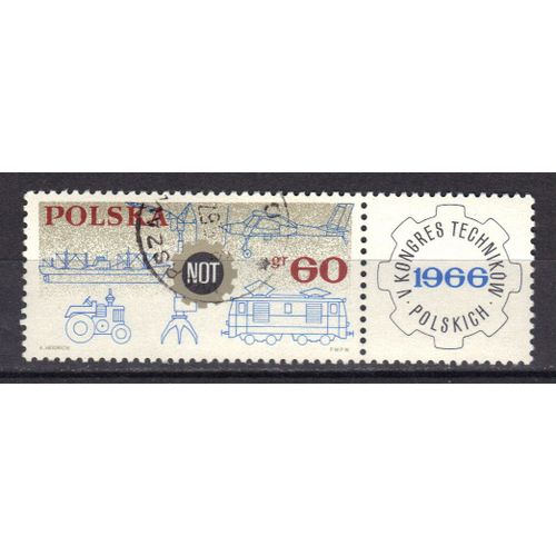 Pologne 1966 : 5 Congrs National Technique : Progrs Techniques Et Emblme - Timbre Oblitr + Vignette