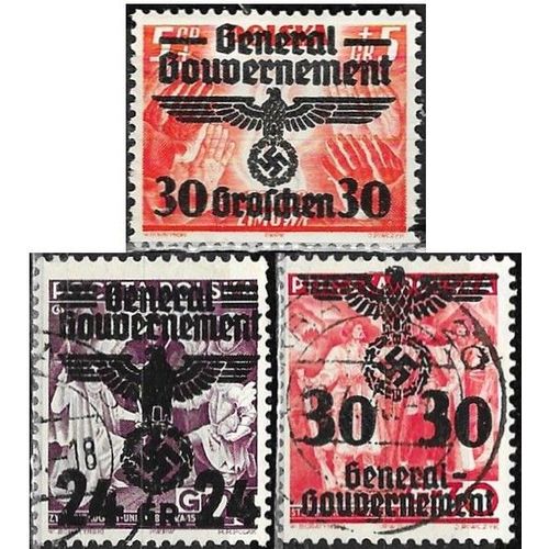 Pologne, Occupation Allemande, General Gouvernement 1940, Beaux Timbres Yvert 38 39 40, Timbres Polonais D'Avant Guerre Surchargs Grand Aigle, Croix Gamme Et Nouvelle Valeur, Oblitrs, Tbe.