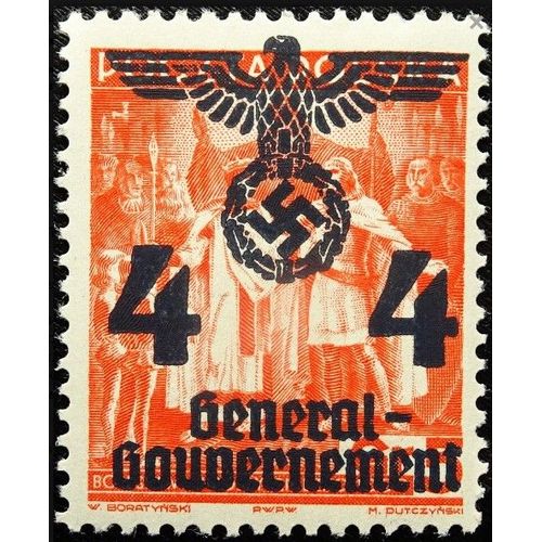 Pologne, Occupation Allemande, General Gouvernement 1940; Timbre Neuf** Luxe Yvert 41, Timbre De 1938, 20me Anniversaire De La Rp. De Pologne Surcharg Grand Aigle, Croix Gamme, Et Nouvelle Valeur.