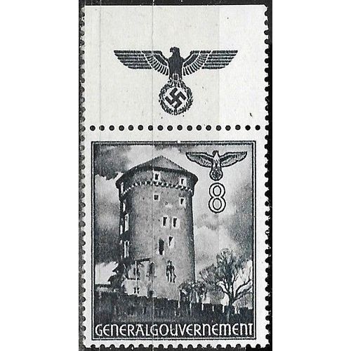 Pologne, Occupation Allemande, General Gouvernement, Trs Beau Timbre Neuf** Luxe Yvert 57a, Donjon Du Chateau De Cracovie, Avec Vignette Bord De Feuille, Grand Aigle Et Croix Gamme.