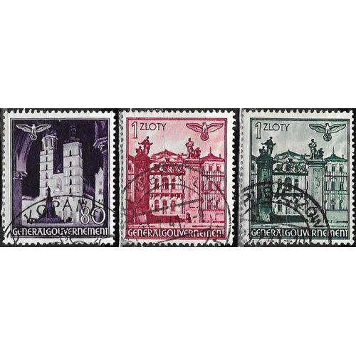 Pologne, Occupation Allemande, Gnrale Gouvernement 1940 / 41, Beaux Timbres Yvert 66 67 67a, glise Notre Dame De Cracovie Et Palais Bruhl  Varsovie, Oblitrs, Tbe.